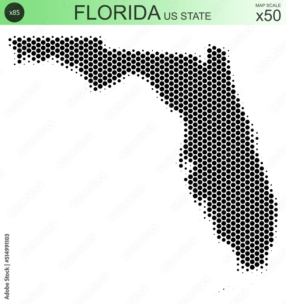 Dotted map of the state of Florida in the USA, from circles, on a scale of 50x50 elements. With smooth edges in black on a white background. With a dotted element size of 85 percent.