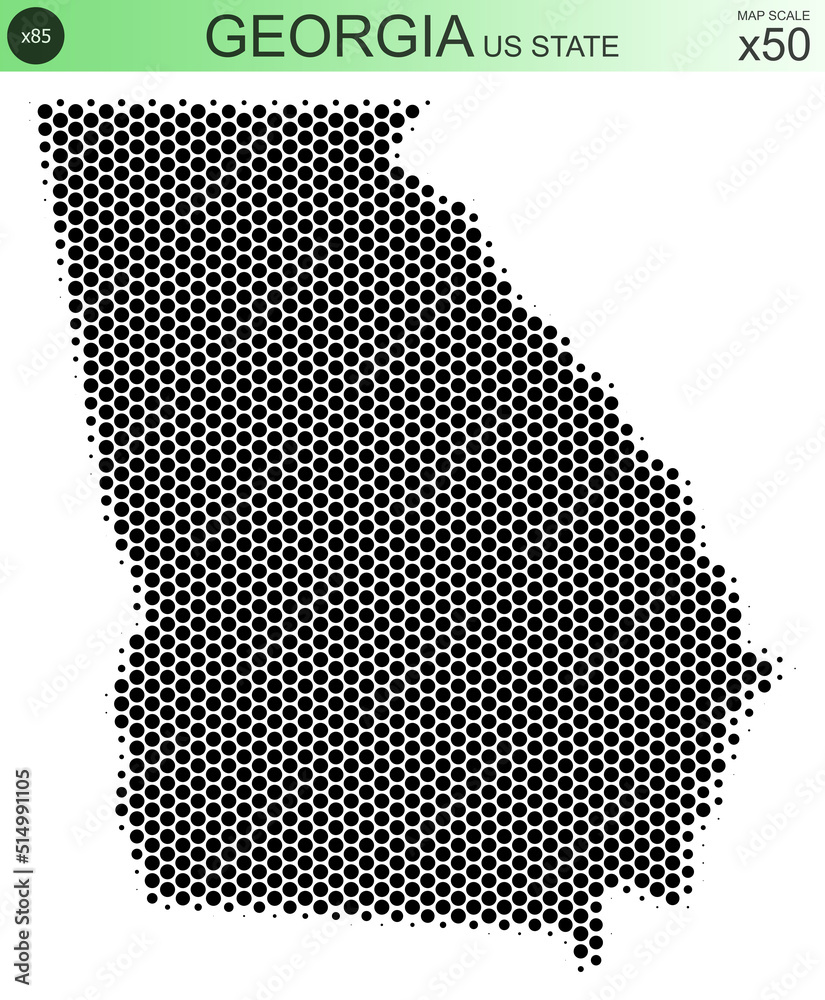 Dotted map of the state of Georgia in the USA, from circles, on a scale of 50x50 elements. With smooth edges in black on a white background. With a dotted element size of 85 percent.