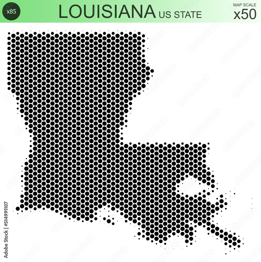 Dotted map of the state of Louisiana in the USA, from circles, on a scale of 50x50 elements. With smooth edges in black on a white background. With a dotted element size of 85 percent.
