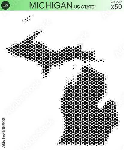 Dotted map of the state of Michigan in the USA, from circles, on a scale of 50x50 elements. With smooth edges in black on a white background. With a dotted element size of 85 percent.