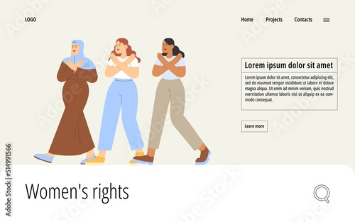 Human Rights - Women's rights. Flat vector illustration with group of women crossed their arms. Concept of international women's day.