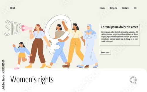 Flat vector illustration with group of women of different nationalities stand up for women's rights. Concept of gender equal. International women's day or women's history month.