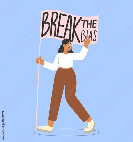 Flat vector illustration with young black woman stand up for women's rights. Concept of girl power. International women's day.