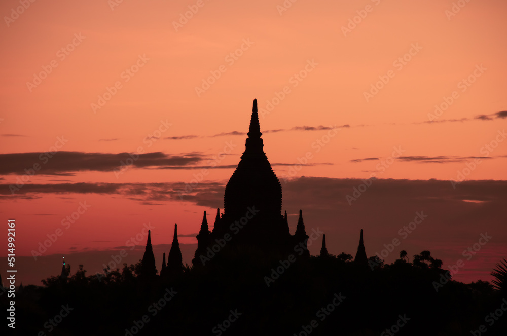 Sunset on a view of Thatbyinnyu temple pagoda in old Bagan, Myanmar