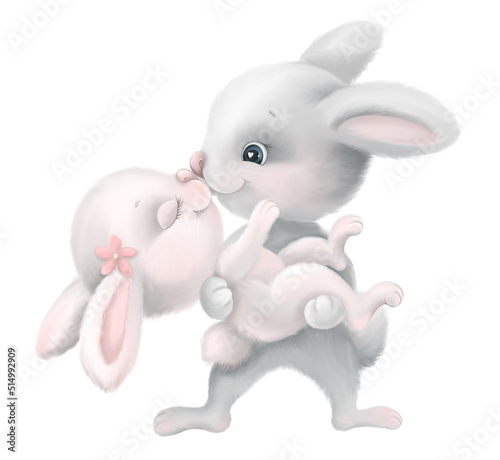 Cute cartoon couple bunny kissing,  Love of two hares, sweet lovely rabbits for Valentine card or wedding invitation