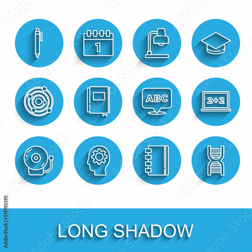 Set line Ringing alarm bell, Head with gear inside, Pen, Spiral notebook, DNA symbol, Book, Chalkboard and Alphabet icon. Vector