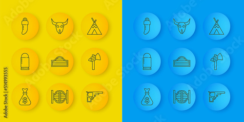 Set line Money bag, Bullet, Saloon door, Revolver gun, Tomahawk axe, Tooth, Indian teepee wigwam and Buffalo skull icon. Vector