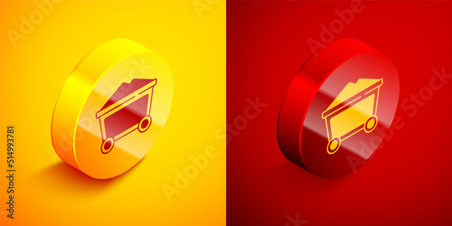 Isometric Mine coal trolley icon isolated on orange and red background. Circle button. Vector