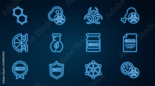 Set line GMO, Biohazard symbol, Test tube and flask, Genetically modified orange, Chemical formula, and meat icon. Vector