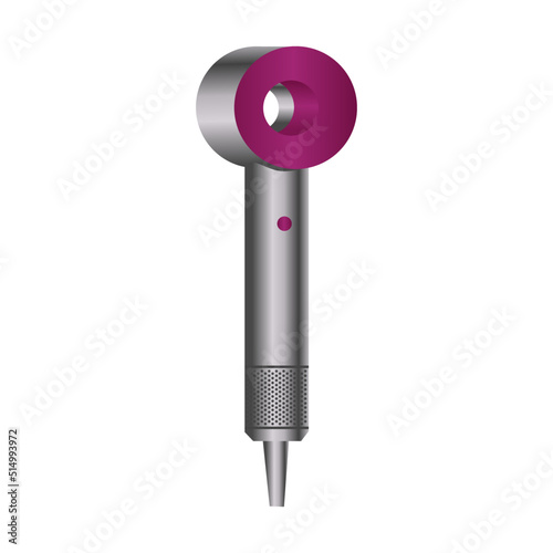 Realistic hairdryer for hairdresser salon, barbershop or home usage. Electric barber tool for drying hair and hairdo isolated on white background. 3d vector illustration