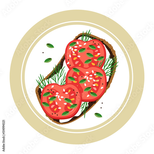 Sandwich with tomato on a plate. Whole grain bread with healthy ingredients. Vegetable, herbs and seeds. Healthy breakfast. Flat vector illustration.