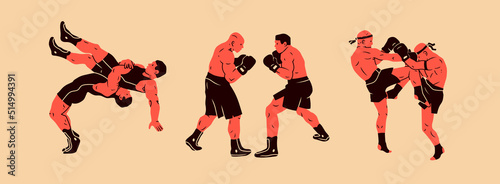 Wrestlers, boxers, muai thai fighters. Boxing, sports, workout, martial arts, mixed fight, mma concept. Cartoon style. Hand drawn modern Vector illustration. Logo, print, poster, design templates