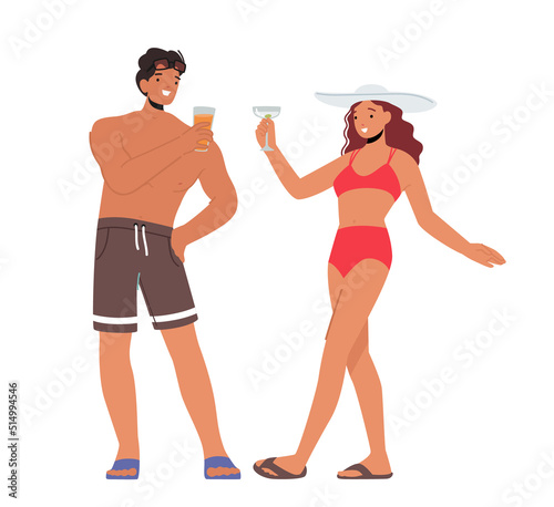 Couple Drink Alcohol, Tourist Characters at Summer Time Vacation. Young Woman and Man Drinking Cocktails at Beach Party