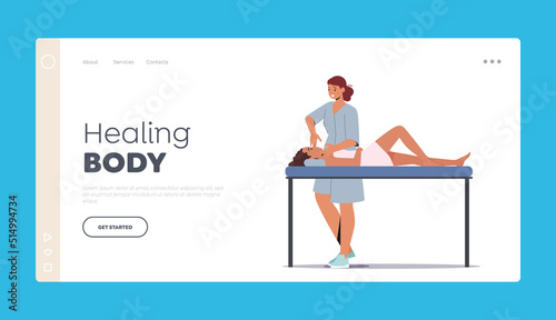 Healing Body Landing Page Template. Osteopathic Treatment Concept. Woman Lying On Couch In Doctor Osteopath Office