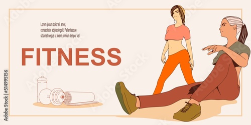 Two fitness women. Sport banner. Young women wearing workout clothes. Sport fashion girl outline in urban casual style.