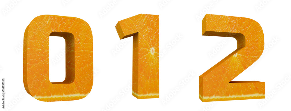 Orange alphabet. Numbers 0, 1, 2 in 3d render. Fruit letters with cutout ready. 3D Illustration isolated on white background. Orange alphabet. Numbers 0, 1, 2 in 3d render. Fruit letters with cutout ready. 3D Illustration isolated on white background.