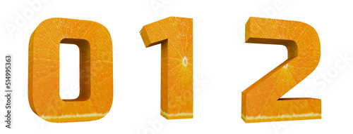Orange alphabet. Numbers 0, 1, 2 in 3d render. Fruit letters with cutout ready. 3D Illustration isolated on white background.