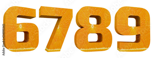 Orange alphabet. Numbers 6, 7, 8, 9 in 3d render. Fruit letters with cutout ready. 3D Illustration isolated on white background.