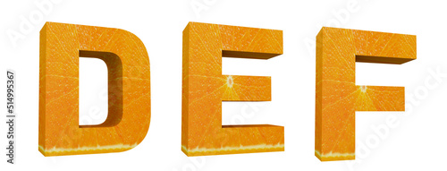 Orange alphabet. Letters D, E, F in 3d render. Fruit letters with cutout ready. 3D Illustration isolated on white background.
