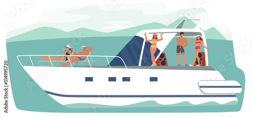 Summertime Vacation Cruise. Young People Relax on Luxury Yacht at Ocean. Happy Male and Female Characters Rest on Ship