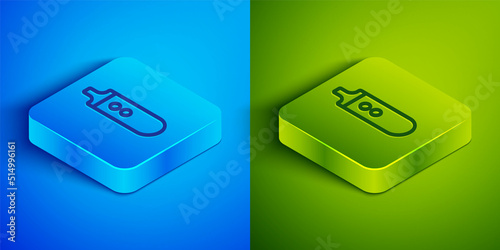 Isometric line Electronic cigarette icon isolated on blue and green background. Vape smoking tool. Vaporizer Device. Square button. Vector