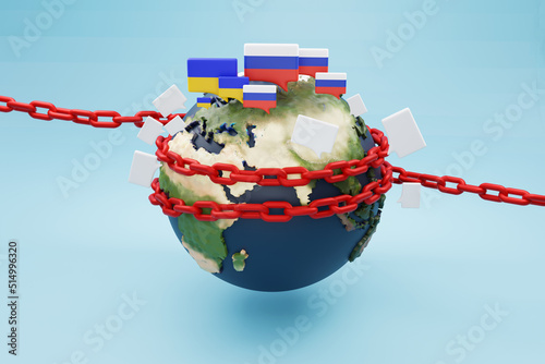 international peace messaging concept, speech bubbles with russia flags and ukraine flags  around  Earth globe.a chain-bound earth. Talk between Russia and Ukraine.3d Rendering