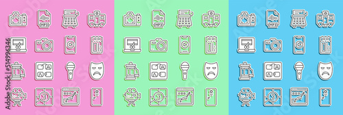 Set line Backstage, Drama theatrical mask, Cinema ticket, Retro typewriter, Photo camera, Video recorder on laptop, and Online play video icon. Vector