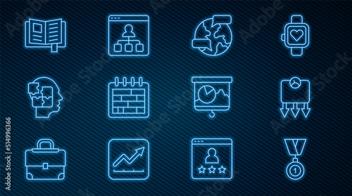 Set line Medal, Weight loss, Worldwide, Calendar, Head puzzles strategy, Reading book, Chalkboard with chart and Online education icon. Vector