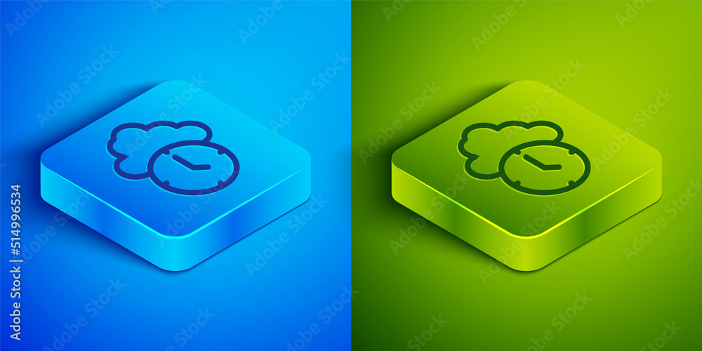 Isometric line Clock icon isolated on blue and green background. Time symbol. Square button. Vector Isometric line Clock icon isolated on blue and green background. Time symbol. Square button. Vector