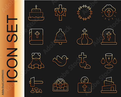 Set line Babel tower bible story, Christian chalice, Grave with tombstone, Crown of thorns, Church bell, Holy book, Ark noah and icon. Vector