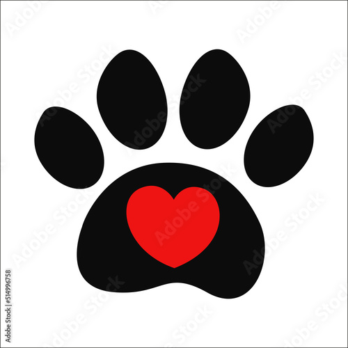 Paw print with red heart sign icon concept of care and love for animals symbol