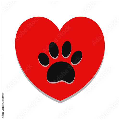 Paw print on a red heart concept symbol of caring and love for animals