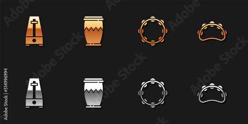 Set Metronome with pendulum, Drum, Tambourine and icon. Vector