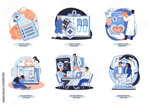 Health care program metaphor, online medical services, protection medicine. Medical insurance, hospital services, preventive check up, sick leave certificate treatment diagnosis patients, telemedicine