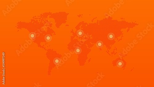 World vector symbol with map pins. Infographic background for web page, global business, network, connection, communication, template, sample, design, travel. Orange gradient illustration