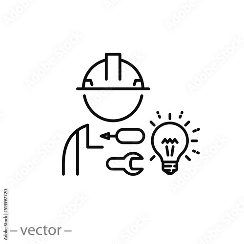 professional electrician icon, electric master, service technician, thin line symbol on white background - editable stroke vector illustration