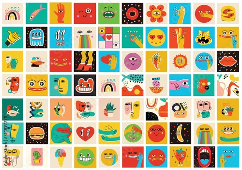 Big Set of Different colored Vector illustartions for posters in Cartoon Flat design. Hand drawn Abstract shapes, faces, different texture, greek elements, funny Comic characters.