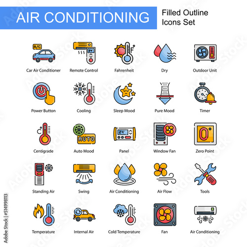 Air Conditioning vector filled outline set of 25 icon style illustration. EPS 10 file