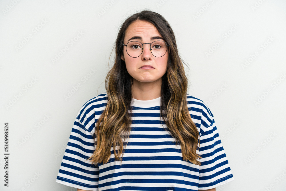 Young caucasian woman isolated on white background sad, serious face, feeling miserable and displeased. Young caucasian woman isolated on white background sad, serious face, feeling miserable and displeased.