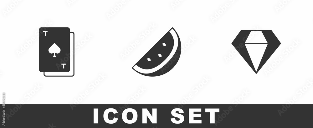 Set Playing card with spades, Casino slot machine watermelon and Diamond icon. Vector Set Playing card with spades, Casino slot machine watermelon and Diamond icon. Vector