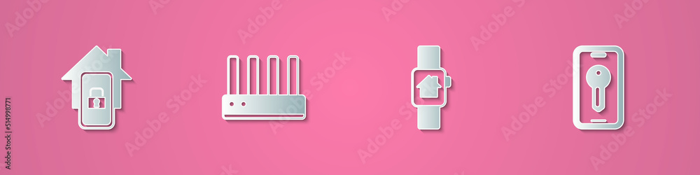 Set paper cut Mobile with smart home, Router and wi-fi signal, Smart watch and key icon. Paper art style. Vector Set paper cut Mobile with smart home, Router and wi-fi signal, Smart watch and key icon. Paper art style. Vector