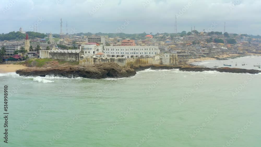 Push in aerial shot of the Cape Coast castle