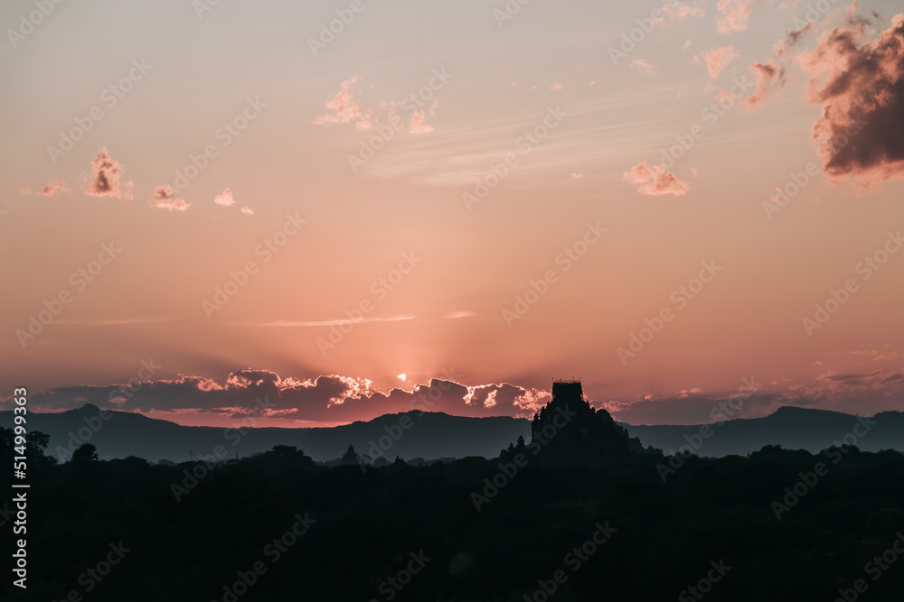 Sunrise on a panoramic view of old Bagan, Myanmar