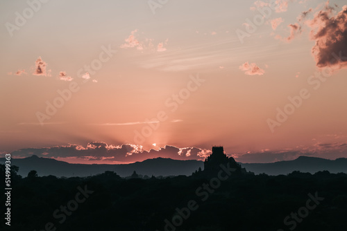 Sunrise on a panoramic view of old Bagan, Myanmar