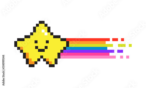Vector illustration of cute pixel art star and rainbow icon. Geek element in the style of 90s game. Old school graphic clipart