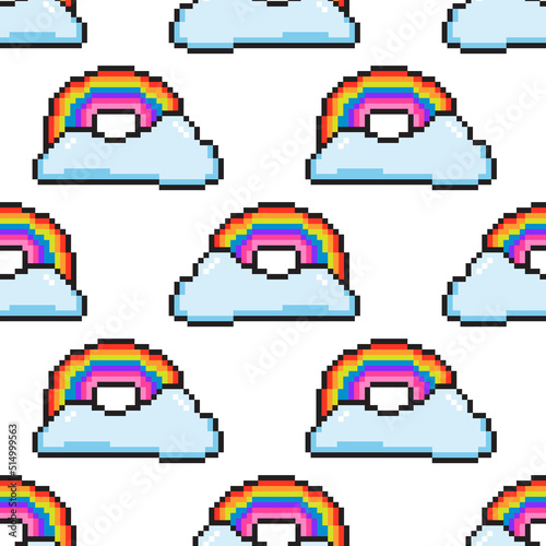 Seamless vector pattern with cute pixel rainbow and cloud. Background with colorful geek element in the style of 90s game. Old school graphic texture