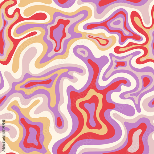 Abstract seamless swirl pattern. 60s, 70s style groovy background with waves and blobs. Psychedelic hippie texture