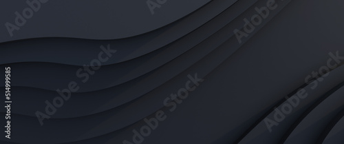 Black metal texture steel pattern. Grey line curve design on abstract black background. Dark horizontal template or banner, business backdrop. Abstract background with soft waves. 3D illustration