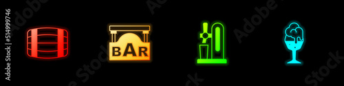 Set Wooden barrel, Street signboard with Bar, Beer tap glass and Glass of beer icon. Vector