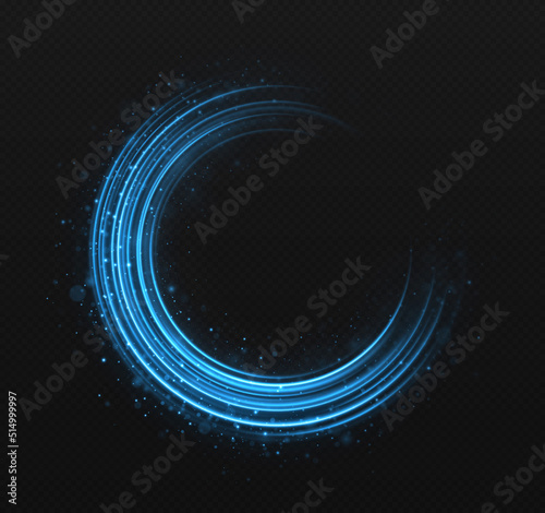 Magic spinning shiny ring. Shimmering circle ring with light effect. Sparkling ring with particles in transparent background.